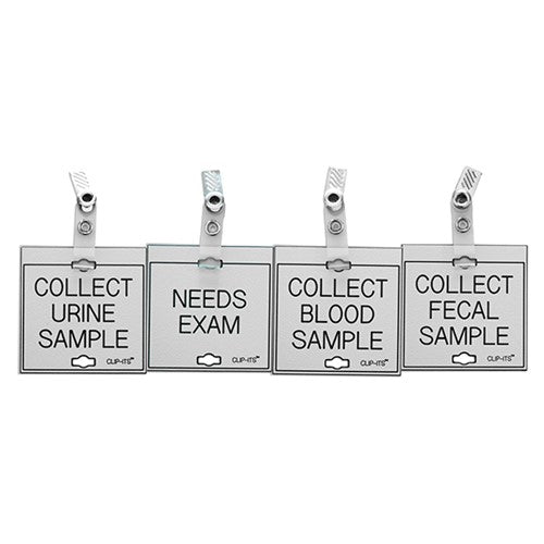 Clip-Its Cage Tag - Specimen Samples or Exam Required Variety Pack of 4 (white with black text)