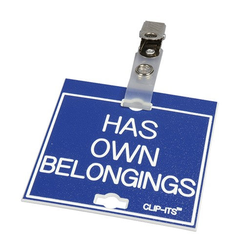 Clip-Its Cage Tag - Has Own Belongings (blue with white text)