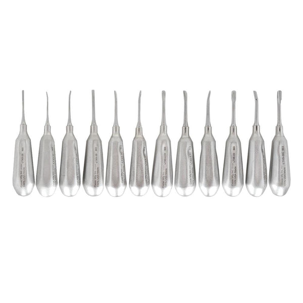 Shop online at Serona for veterinary dental Cislak Luxating Type Elevator (Luxator) Kits (12 pieces). Handle and shanks sizes available for all glove sizes.