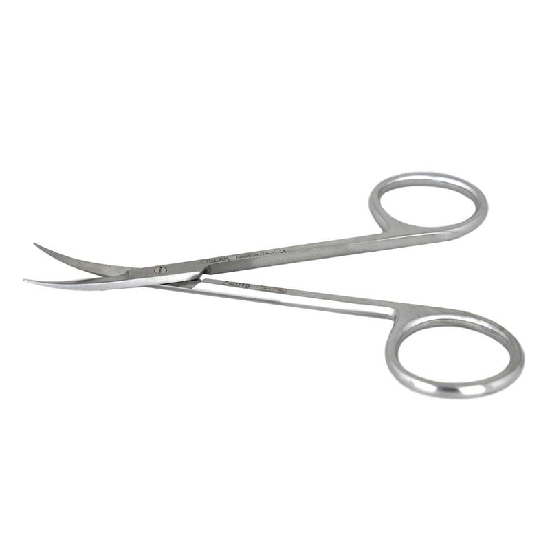 Veterinary dental Cislak Iris Curved Scissors, in stainless steel. Measurements: 4.50"/11.50 cm.