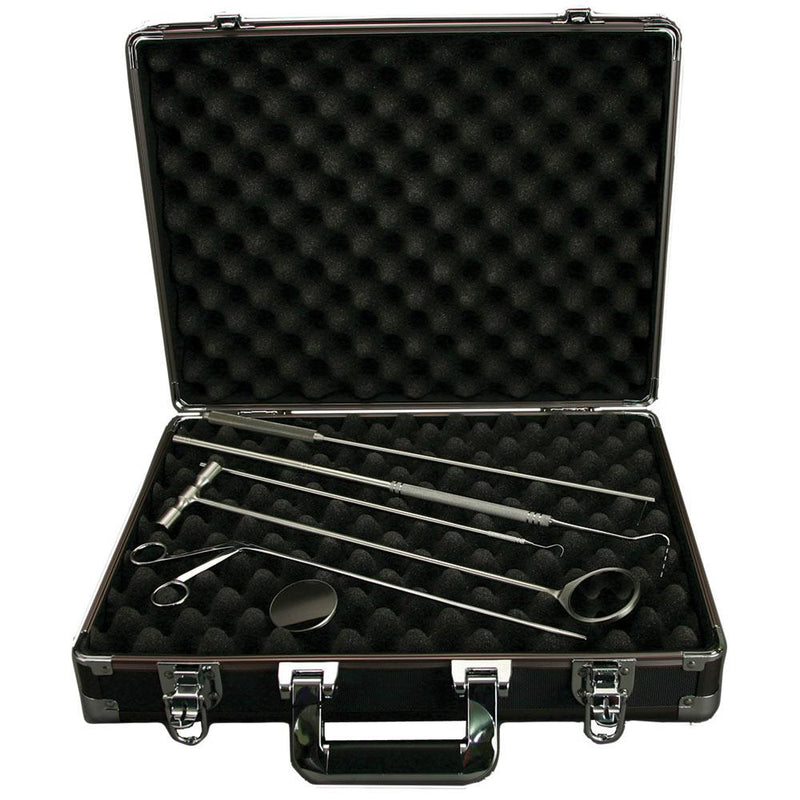 Veterinary dental Equine Diagnostic Kit. Kit Includes: mouth mirror, replacement mouth mirror, dental pick, VDP equine periodontal pick, 12" alligator forceps, periodontal probe, explorer, and carrying case 