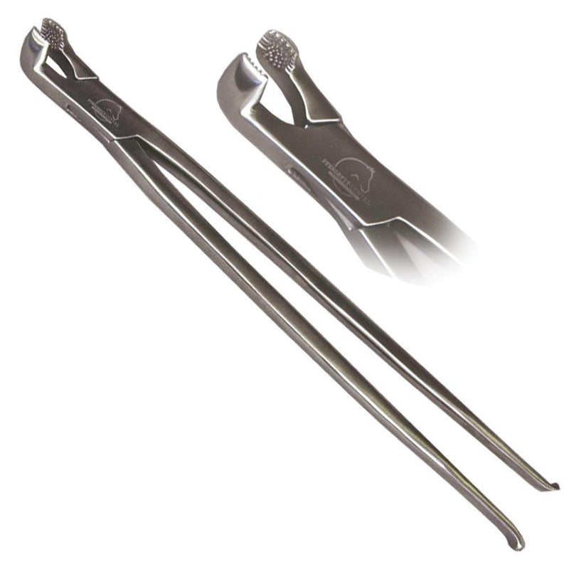 Veterinary dental large extraction forceps that are 19" in length. They have a concave knurled contact surface made to securely grip the tooth.