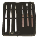 Veterinary dental 3 Piece Equine Incisor Elevator Set that includes 3 stainless steel non-winged elevators (1 straight & 2 curved) and 3 wood handled stainless steel winged elevators.