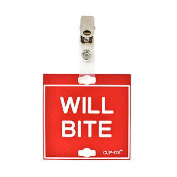 Veterinary dental red with white text clip-its cage tag in "Will Bite" from MAI.