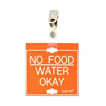 Veterinary dental orange with white text clip-its cage tag in "No Food Water Okay" from MAI.