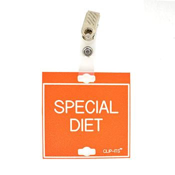 Veterinary dental orange with white text clip-its cage tag in "Special Diet" from MAI.