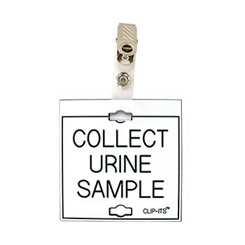 Veterinary dental white with black text clip-its cage tag in "Collect Urine Sample" from MAI. 