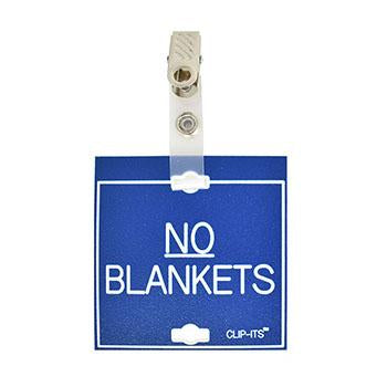 Veterinary dental blue with white text clip-its cage tag in "No Blankets" from MAI.