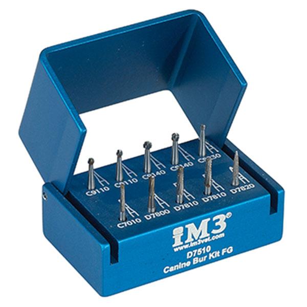 Shop online for the veterinary dental iM3 FG Dental Bur Kit - Canine. This kit comes with an assortment of 10 FG burs, 19mm long, in an aluminum autoclavable holder. 
